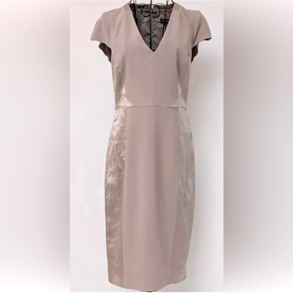 NWOT Phase Eight Two-Tone Satin/Crepe Taupe Structured/Pieced Sheath Dress